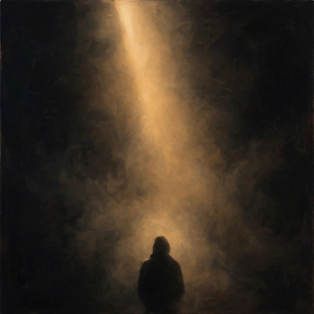 Cover art for Person View In Light — a lone figure standing in a shaft of golden light